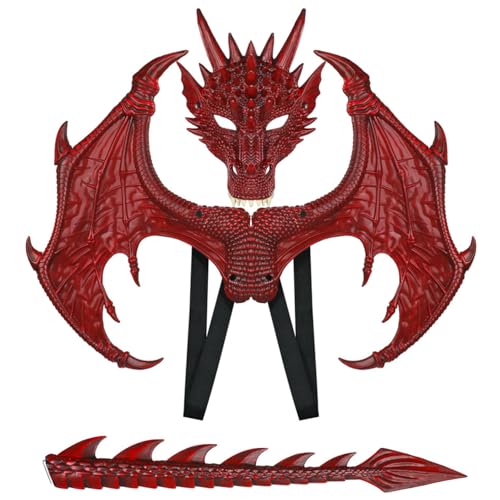 Lamppdcor Dragon Kostüm Kids Dragon Kostüm für Kinder Halloween Dragon Kostüm mit Drachenmaske, Dragon Tail & Dragon Flügel Gummi Dragon Cosplay für Party Masquerade (rot) von Lamppdcor