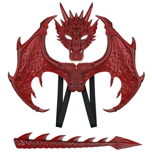 Lamppdcor Dragon Kostüm für Kinder Halloween Dragon Kostüm mit Dragon Maske, Dragon Tail & Dragon Flügel Gummi Dragon Cosplay für Party Masquerade (rot) von Lamppdcor