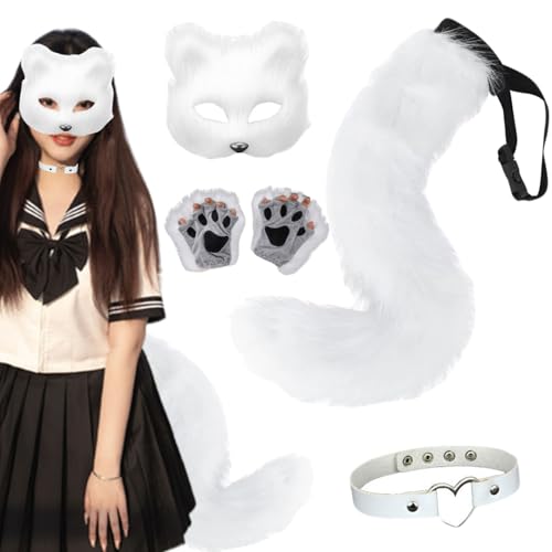 Lamppdcor Fuchsohren und Schwanzfuchsfuchskostüm mit flauschiger Maske, Kragen, Pfotenhandschuhen ＆ Tail Therian Ausrüstung für Halloween-, Cosplay- und Kostümpartys von Lamppdcor