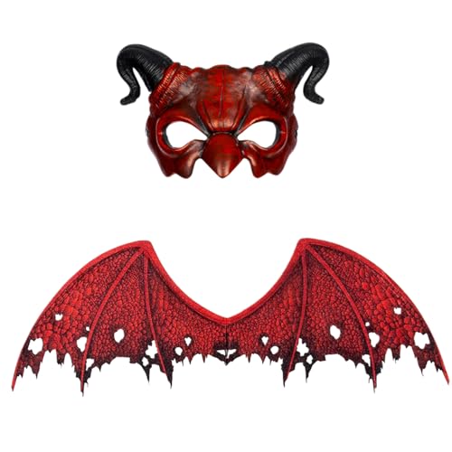 Lamppdcor Ghost Mask Dämonmaske für Frauen, Red Devil Kostüm mit Halbgesicht Dragon Mask & Dragon Flügel, gruselige Halloween -Maske für Cosplay Masquerade Costume Party Accessoires, Red von Lamppdcor