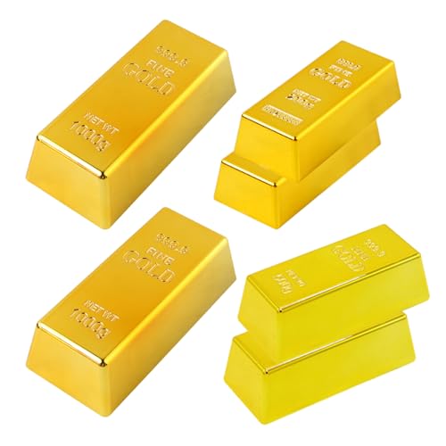 Lamppdcor Gold Bullion 6PCS 3 Größe gefälschte Goldbars Nicht -Slip -Buchstaben Print Requisite Plastik wasserdichte gefälschte Goldnuggets für Halloween Party Bar Movie Requisite (6,5/4.4/2,35 Zoll) von Lamppdcor