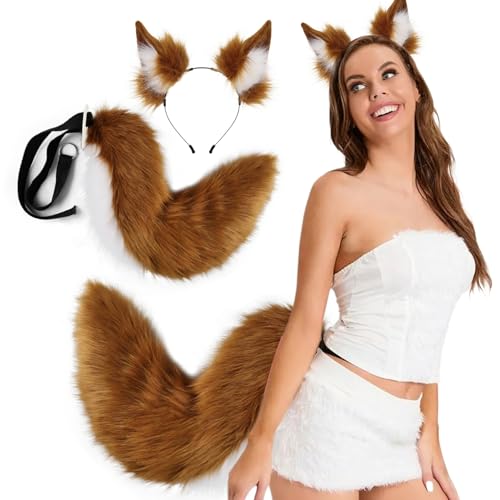 Lamppdcor Halloween Fuchsohren und Schwanzset, weiche flauschige Fuchs -Ohren -Stirnband und einstellbares pelziges Schwanz, Fuchskostüm für Halloween -Party -Cosplay -Kostüm, Brown von Lamppdcor