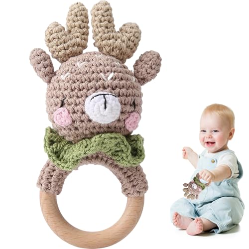 Lamppdcor Holzrassel-Baby-Rasseln mit Zahnen Ring Bio-Holzbaby Rasseln 0-6 Monate visuelle und sensorische gehäkelte Hirsche ausgestopfte Tierspielzeuge für Neugeborene Kleinkinder 0,3,6,9,12,36 Mona von Lamppdcor