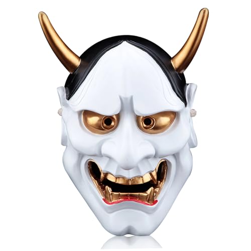 Lamppdcor Japanische Maske Samurai Maske Vollgesicht gruselige japanische Maske 6.7x9.8in Harz Hannya Maske mit Horn- und Kopfband Halloween -Maske für Kostüm, Cosplay, Masquerade, Weiß von Lamppdcor