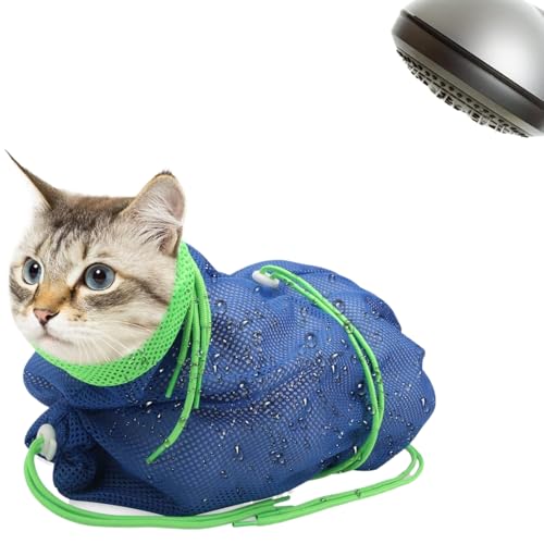 Lamppdcor Katzenbadetasche, atmungsaktives Mesh-Katze-Waschbeutel von Polyester mit verstellbarem Kordel, Anti-Scratch & Anti-Bite-Katze-Pflegebeutel zum Nagelkreis, Baden, Injektion, Blaugrün von Lamppdcor