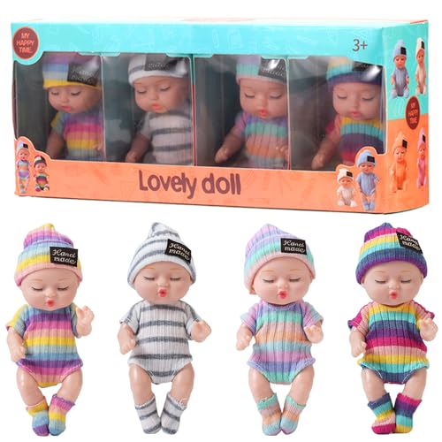 Lamppdcor Mini -Babypuppen 4pcs 4 Zoll realistisch schlafend kleine Babypuppen mit Kleidung auf 4 Farben beweglichen Gelenk winzige Babypuppe, Geschenke für Mädchen, gestreifte Kleidung von Lamppdcor