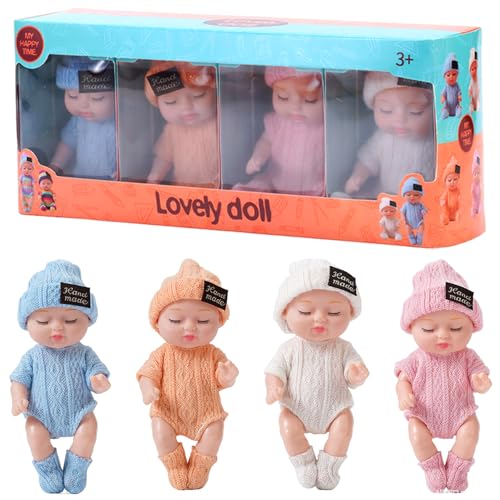 Lamppdcor Mini-Babypuppen 4pcs 4 Zoll realistisch schlafend kleine Babypuppen mit Kleidung auf 4 Farben beweglichen Gelenk winzige Babypuppe, Geschenke für Mädchen, solide-conorische Kleidung von Lamppdcor