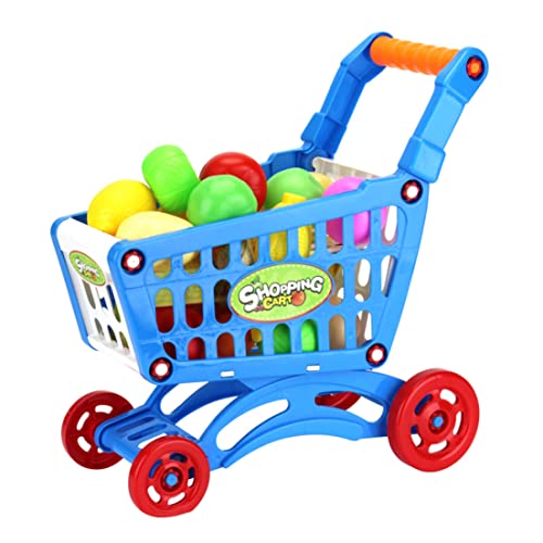 Lamppdcor Mini Trolley Spielzeugset 17pcs Plastik Supermarkt Einkaufswagen Spielzeug mit künstlichem Obstgemüse und Essen tun so, als ob sie Spiele Spielen, Blau Spielen von Lamppdcor