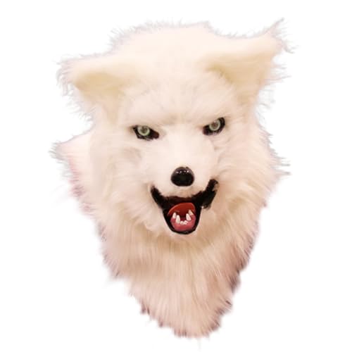 Lamppdcor Pelzige Maske Fuchs Maske Spooky Realistic Fuchs Fuchs Purry Head Full Head Halloween Maske mit beweglichen Kiefer atmungsaktiven Fuchsmaske für Halloween Kostüm Weiß von Lamppdcor