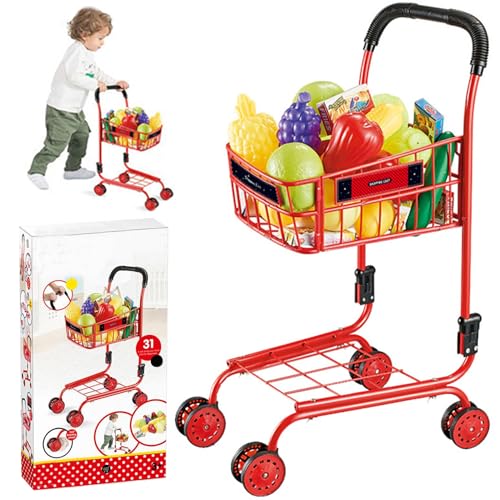 Lamppdcor Spielzeugeinkaufswagen mit Essen, Großkapazität Kleinkinderwagen mit Rad und Griff, Plastikeinkaufswagen für Kinder, pädagogische DIY -Versammlungskinderkarren für Kinder von Lamppdcor