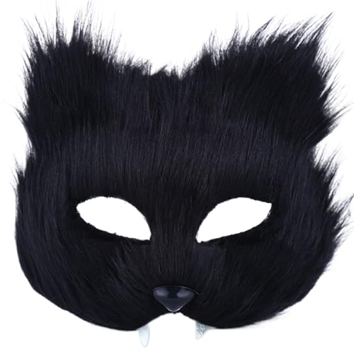 Lamppdcor Therian Mask Cat Maske Halbgesicht Langes Plüschfuchs -Maske Künstliche realistische Therian Mask Schwarze Tiermaske für Maskerade, Halloween, Dress Up, Cosplay von Lamppdcor