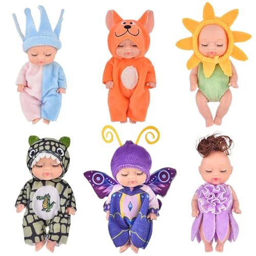 Tiny Babypuppe Mini -Babypuppen mit schläfrigem Gesicht 6pcs 5,12 Zoll süße kleine Babypuppen mit unterschiedlichen Kleidern auf gemeinsam beweglicher PVC Tiny Babypuppenspielzeug für Mädchen von Lamppdcor