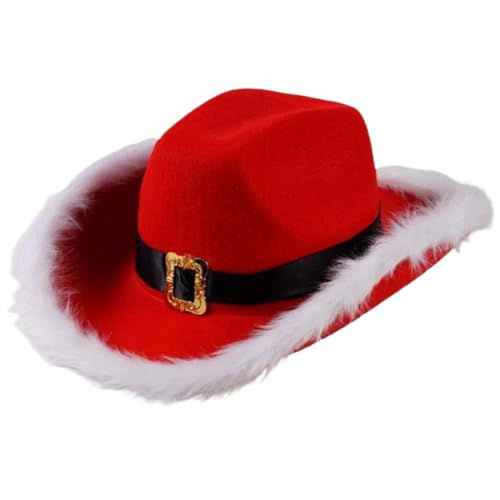 Weihnachtsmann Erwachsenen Weihnachtshut Lustiger Cowboy Santa Hut mit gekrümmten Kanten und weißen pelzigen Kanten Weihnachtsmann Cowboy Hut mit Kinngurt ein Western Weihnachtshut für Cosplay, Weihn von Lamppdcor