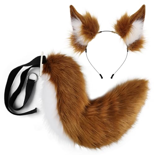 Wolf Ohren und Heckset Halloween Fuchs Ohren und Schwanzset, weiche flauschige Fuchs -Ohren -Stirnband und verstellbares pelziges Schwanz, Fuchskostüm für Halloween -Party -Cosplay -Kostüm, Brown von Lamppdcor