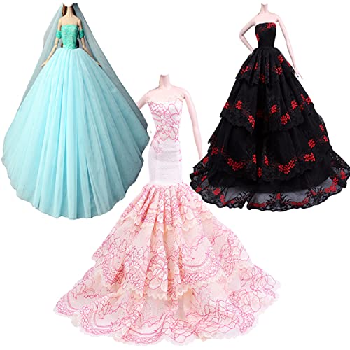 Kleidung und Zubehör für Puppenpuppen, 3 Sets Kleider für Brautkleider mit Schleier Abendrock Abendkleid Prinzessin Kleid für 29 cm Puppe von Lance Home