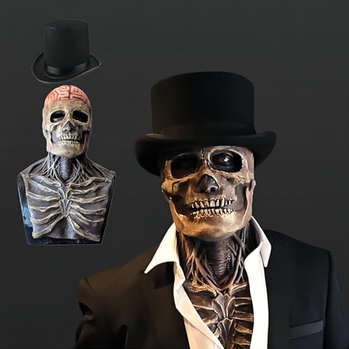 Lanckeli Halloween Totenkopfmaske mit Beweglichem Kiefer, Gruselige Schädeldecke, Latexmaske für Erwachsene Cosplay Requisiten. (A1 - Grau Rot + Hut) von Lanckeli