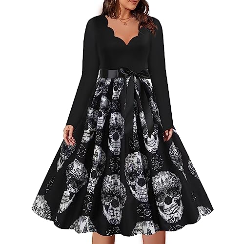 Lanckeli V-Ausschnitt Halloween Kostüm Damen, Halloween Schädel Gedruckt Langärmeliges Kleid mit Krawatte Gürtel. von Lanckeli