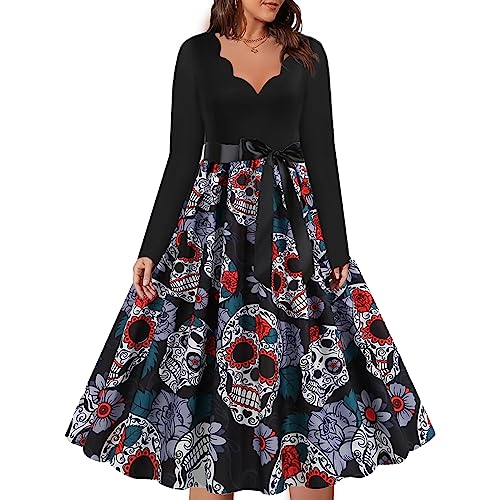 Lanckeli V-Ausschnitt Halloween Kostüm Damen, Halloween Schädel Gedruckt Langärmeliges Kleid mit Krawatte Gürtel. von Lanckeli