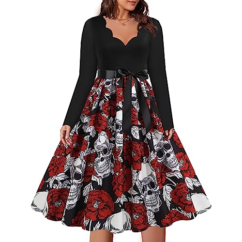 Lanckeli V-Ausschnitt Halloween Kostüm Damen, Halloween Schädel Gedruckt Langärmeliges Kleid mit Krawatte Gürtel. von Lanckeli