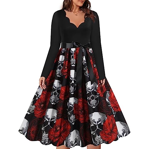 Lanckeli V-Ausschnitt Halloween Kostüm Damen, Halloween Schädel Gedruckt Langärmeliges Kleid mit Krawatte Gürtel. von Lanckeli