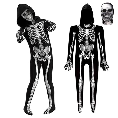 Unisex Halloween Skelett Kostüm für Kinder, Gruselig Sensenmann Overall für Jungen Mädchen im Alter von 6-14 Fancy Dress von Lancry