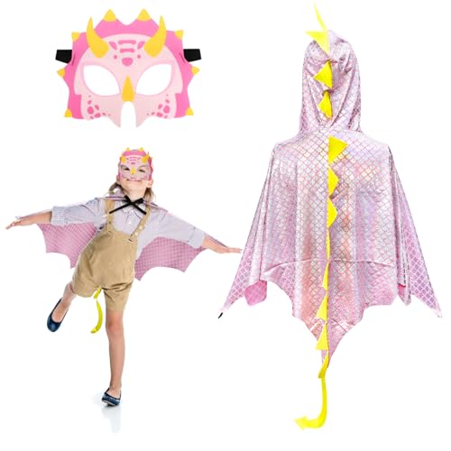 Landifor 2 Stück Dinosaurier Kostüm Kinder Dinokostüm Drachenflügel Umhang mit Maske Dino Kinderkostüm Dinosaurierkostüm für Mädchen Jungen Halloween Fasching Karneval Cosplay Maskerade von Landifor