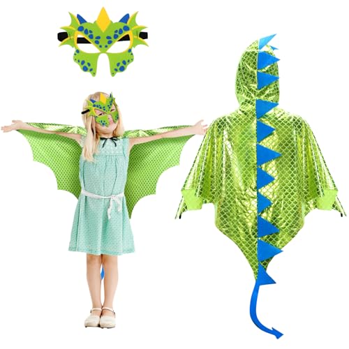 Landifor 2 Stück Dinosaurier Kostüm Kinder Dinokostüm Drachenflügel Umhang mit Maske Dino Kinderkostüm Dinosaurierkostüm für Mädchen Jungen Halloween Fasching Karneval Cosplay Maskerade von Landifor