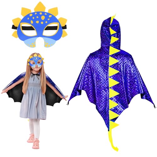 Landifor 2 Stück Dinosaurier Kostüm Kinder Dinokostüm Drachenflügel Umhang mit Maske Dino Kinderkostüm Dinosaurierkostüm für Mädchen Jungen Halloween Fasching Karneval Cosplay Maskerade von Landifor