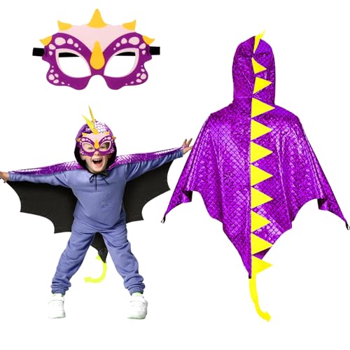 Landifor 2 Stück Dinosaurier Kostüm Kinder Dinokostüm Drachenflügel Umhang mit Maske Dino Kinderkostüm Dinosaurierkostüm für Mädchen Jungen Halloween Fasching Karneval Cosplay Maskerade von Landifor