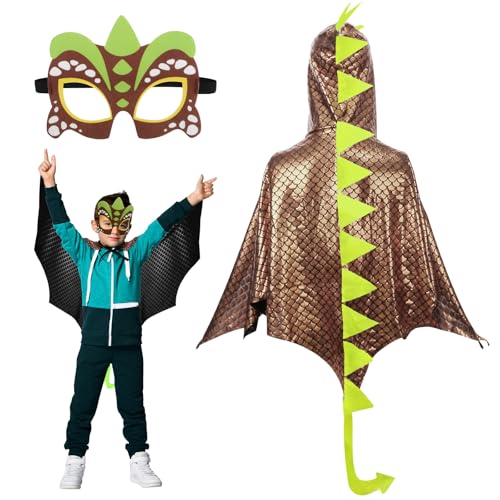 Landifor 2 Stück Dinosaurier Kostüm Kinder Dinokostüm Drachenflügel Umhang mit Maske Dino Kinderkostüm Dinosaurierkostüm für Mädchen Jungen Halloween Fasching Karneval Cosplay Maskerade von Landifor