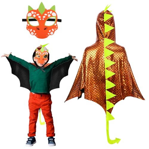 Landifor 2 Stück Dinosaurier Kostüm Kinder Dinokostüm Drachenflügel Umhang mit Maske Dino Kinderkostüm Dinosaurierkostüm für Mädchen Jungen Halloween Fasching Karneval Cosplay Maskerade von Landifor