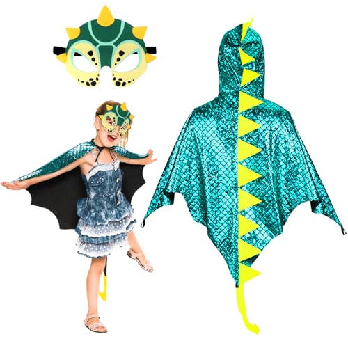 Landifor 2 Stück Dinosaurier Kostüm Kinder Dinokostüm Drachenflügel Umhang mit Maske Dino Kinderkostüm Dinosaurierkostüm für Mädchen Jungen Halloween Fasching Karneval Cosplay Maskerade von Landifor