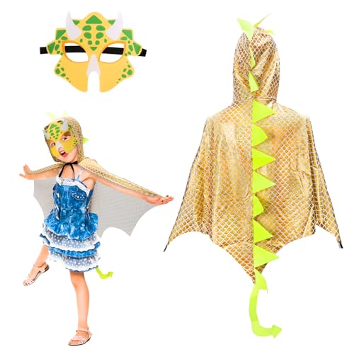 Landifor 2 Stück Dinosaurier Kostüm Kinder Dinokostüm Drachenflügel Umhang mit Maske Dino Kinderkostüm Dinosaurierkostüm für Mädchen Jungen Halloween Fasching Karneval Cosplay Maskerade von Landifor