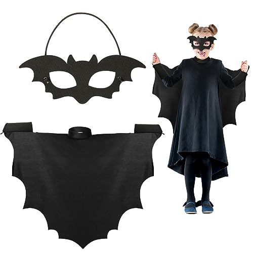 Landifor 2 Stück Fledermaus Kostüm Kinder Fledermaus Kinderkostüm Schwarz Fledermauskostüm Vampir Fledermausflügel Umhang mit Bat Maske für Junge Mädchen Fasching Karneval Halloween Cosplay von Landifor