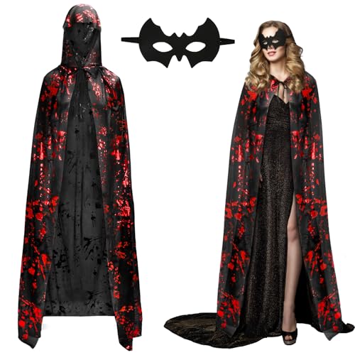 Landifor 2 Stück Halloween Kostüm Damen Herren Halloween Vampir Umhang Erwachsene Schwarz Vampirumhang Kapuzenumhang mit blutigen Handabdrücken Fledermausmaske für Halloween Fasching Karneval Cosplay von Landifor