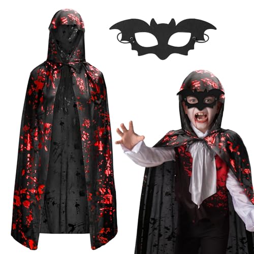 Landifor 2 Stück Halloween Kostüm Kinder Vampir Umhang Fledermausmaske Schwarz Kapuzenumhang mit blutigen Handabdrücken Vampir Kinderkostüm für Mädchen Jungen Halloween Fasching Karneval Cosplay von Landifor