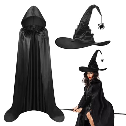 Landifor 2 Stück Hexenkostüm Kinder Halloween Hexen Kostüm Mädchen Schwarz Zauberer Umhang mit Hexenhut Hexe Kinderkostüm für Halloweenparty Karneval Fasching Maskerade Hexennacht Cosplay von Landifor