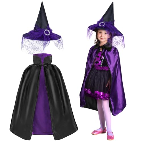 Landifor 2 Stück Hexenkostüm Kinder Halloween Zauberer Kostüm Lila Zauberer Umhang mit Hut Hexen Kinderkostüm Hexenhut für Halloweenparty Karneval Fasching Maskerade Hexennacht Cosplay Mädchen Junge von Landifor