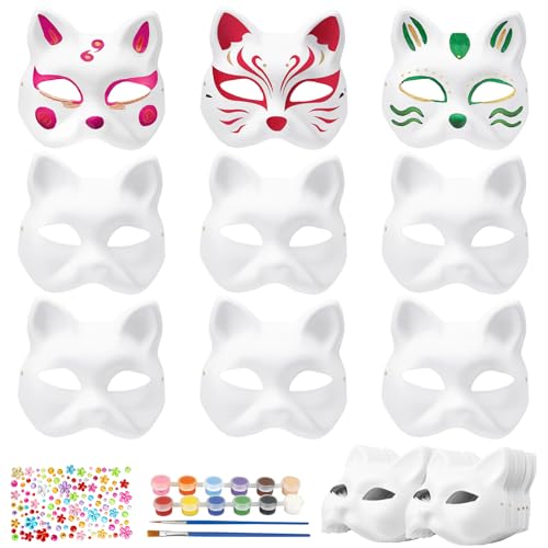 Landifor 20 Stück Katzenmasken Bastelset Kinder Katzen Papiermasken zum Bemalen DIY Katzen Masken zum Basteln Weiße Halbmasken Kreativset Geschenk für Junge Mädchen Halloween Karneval Maskerade von Landifor