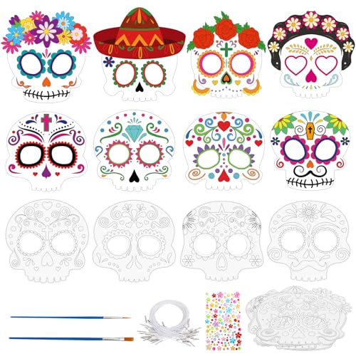 Landifor 24 Stück Schädel Maske zum Ausmalen Kinder Skull Mask Bastelset DIY Totenkopf Papiermasken Kreative Kunsthandwerk für Mädchen Jungen Halloween Karneval Maskerade Kindergeburtstag Mitgebsel von Landifor