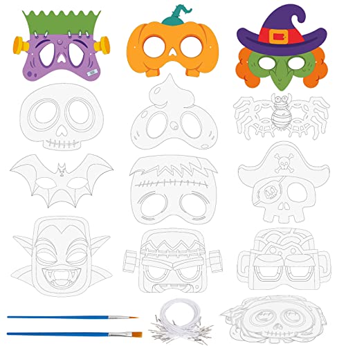 Landifor 24pcs Halloween Masken Ausmalmaske DIY Graffiti Blank Malerei Masken mit Kürbis Schädel Spinne Hexe Teufel Muster für Kind Sohn Tochter Halloween Party Dress Up von Landifor