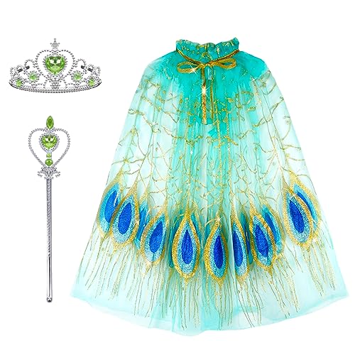 Landifor 3 Stück Prinzessin Umhang Kinder Pfau Kostüm Mädchen Fee Cape mit Krone Zauberstab Tier Kinderkostüm Set Cosplay Zubehör für Halloween Kindergeburtstage Geschenkideen Cosplay Tanzparty von Landifor