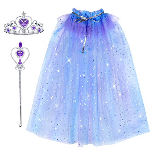 Landifor 3-teiliges Prinzessin Umhang Mädchen Pailletten-Stern Cape Tüll Umhang mit Krone Zauberstab für Karneval Halloween Cosplay Fasching Mottoparty（Blau Lila） von Landifor