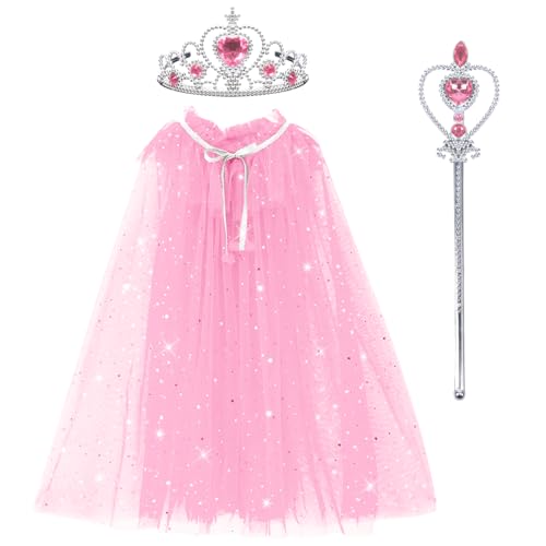 Landifor 3-teiliges Prinzessin Umhang Mädchen Pink Pailletten-Stern Cape Tüll Umhang mit Krone Zauberstab für Karneval Fasching Halloween Cosplay Mottoparty Walpurgisnacht (Rosa) von Landifor