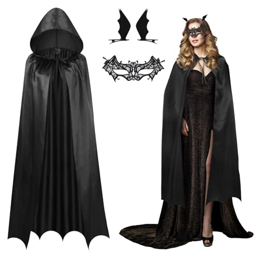 Landifor 3pz Costume da Pipistrello 3 Stück Fledermaus Kostüm Damen Fledermauskostüm Mädchen Schwarz Vampir Fledermausflügel Umhang mit Bat Maske Haarspange für Halloween Karneval Fasching von Landifor