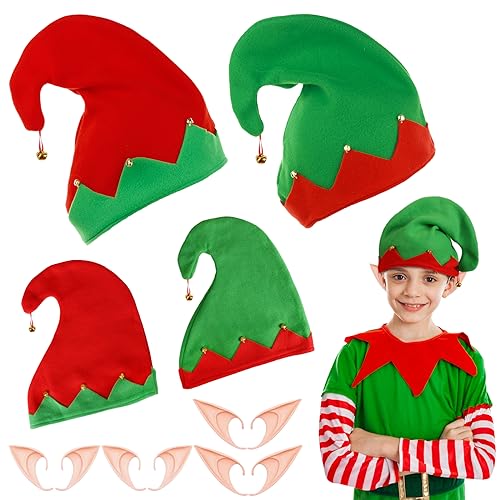 Landifor 4 Stück Weihnachtselfen Hut Elfenmützen kinder Wichtelmütze Weihnachtsfeiertagshüte mit 4 Paar Hellgelbe Elfenohren Weihnachtliche Mütze für Kinder Erwachsene Weihnachten Karneval Party von Landifor