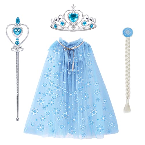 Landifor 4-teilige Prinzessin Kostüme Kinder Prinzessinsumhang elsa Schneeflocke Tüll Cape mit Krone Zauberstab Perücke Zopf für Mädchen Geschenk Karneval Partykostüm von Landifor