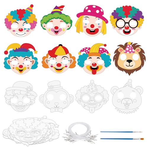 Landifor 24 Stück Clown Maske zum Ausmalen Kinder Zirkus Papiermasken Bastelset DIY Kreative Kunsthandwerk für Mädchen Jungen Halloween Karneval Maskerade Zirkusparty Kindergeburtstag Mitgebsel von Landifor