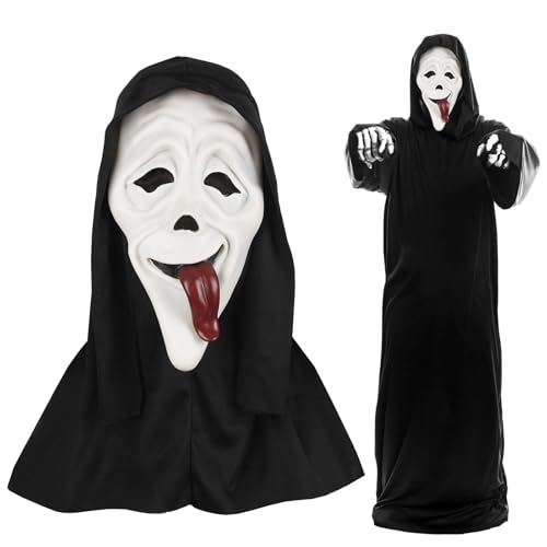 Landifor Halloween Ghostface Maske mit beweglicher Zunge Horror Geist-Scream Latexmaske Gruselmaske Gruseliges Mask Halloween Kostüm Zubehör für Erwachsene Halloween Fasching Karneval Party Cosplay von Landifor