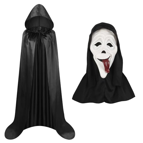 Landifor Halloween Ghostface Maske mit beweglicher Zunge Horror Geist-Scream Latexmaske Gruselmaske Gruseliges Mask mit Schwarz Umhang Halloween Kostüm für Erwachsene Halloweenparty Karneval Cosplay von Landifor